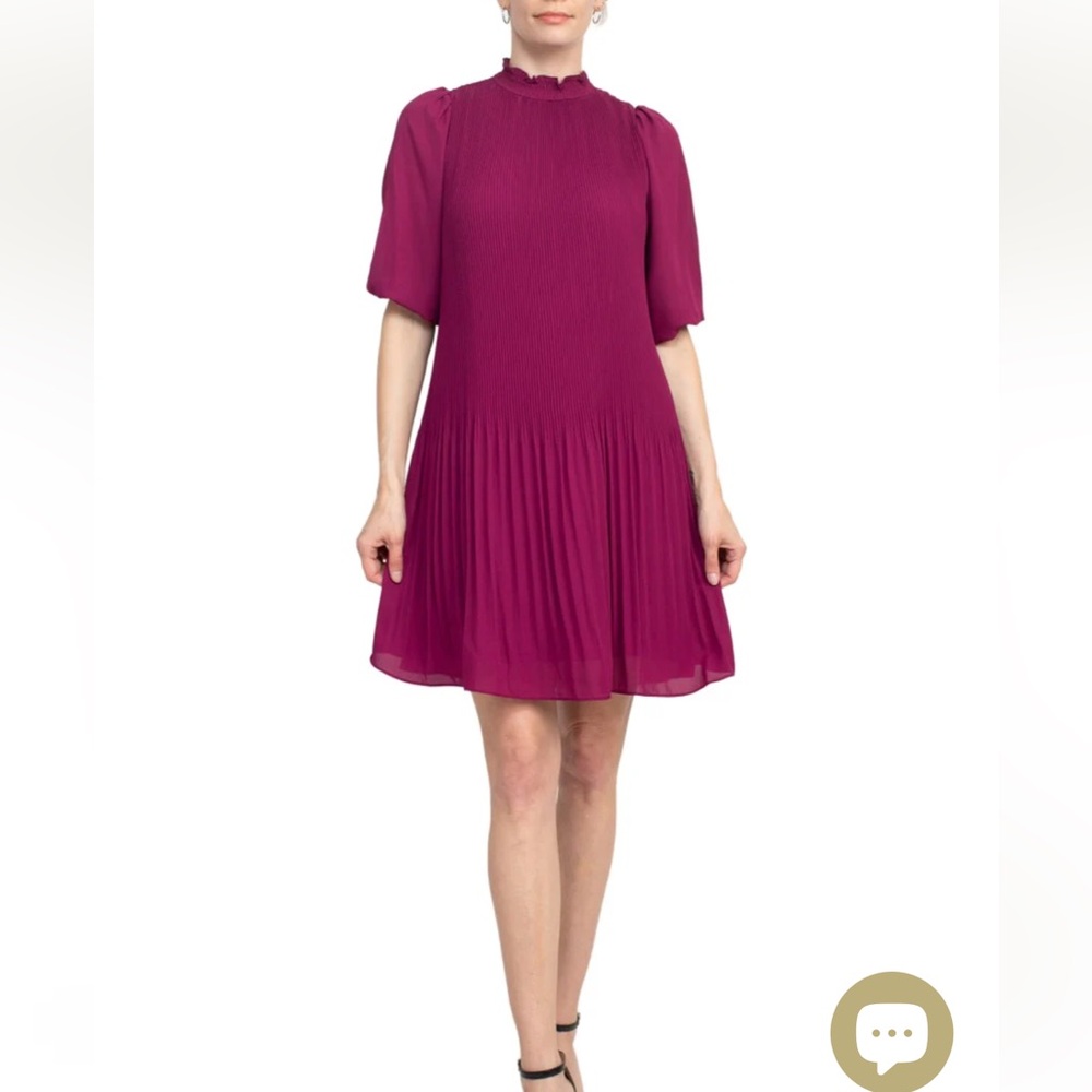 Nanette Lepore Mock Neck Short Sleeve Keyhole Back Pleated Solid Crepe Dress